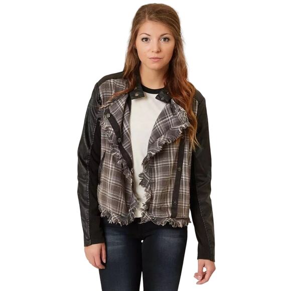 NWT Gimmicks Faux leather Asymmetrical Plaid Flannel Jacket Size Medium - Picture 6 of 6